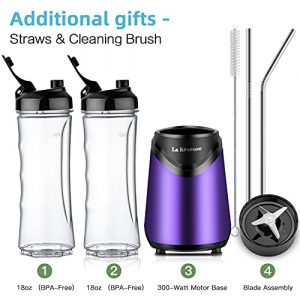 La Reveuse Smoothie Blender Personal Size 300 Watts with 2 Pieces 18 oz BPA Free Travel Sports Bottles,Purple