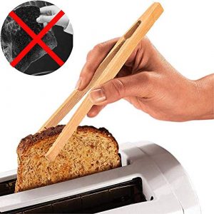 ONERUSUS 4 pack Bamboo Toaster Tongs - 7” Reusable Wood Cooking Tongs -Ideal Kitchen Utensil For Cheese Bacon Muffin Fruits Bread- Ultra Grip - Eco-friendly (Yellow-4 pcs)