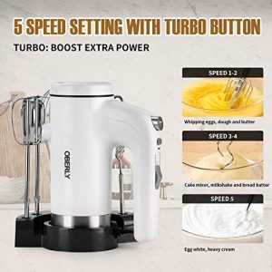 Hand Mixer Electric 2021 Upgrade, OBERLY 400W Power 5-Speed Electric Handheld Mixer with Turbo Boost, Eject Button, Storage Base with 6 Stainless Steel Attachments (2 Beaters, 2 Dough Hooks and 2 Whisk)