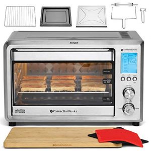 Convection Toaster Oven All-In-One 9-slice XL Countertop Set w/ Bamboo Cutting Board (Incl: Rotisserie Spit & Rods, 2 Potholders, Wire Rack, Baking Pan), Teflon-free (Silver)