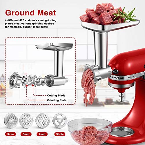 Metal Food Grinder Attachment for KitchenAid Stand Mixers, AMZCHEF Meat Grinder Attachments Included 3 Sausage Stuffer Tubes & A Holder,4 Grinding Plates,2 Grinding Blades, Burger Press,Cleaning Brush