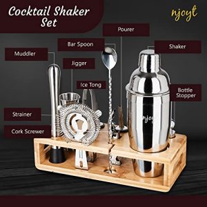 Njoyt Cocktail Shaker Set with Bamboo Stand and Recipe Book - Mixology Bartender Kit Drink Mixer Set with Martini Shaker, Double Jigger, Stainless Steel Strainer, Spoon, Tongs and Bottle Opener