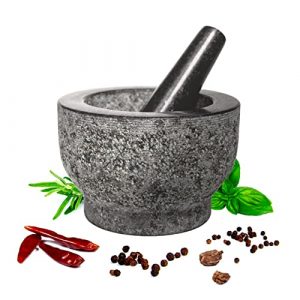 HiCoup Mortar and Pestle Set - 6 Inch Granite, Large Molcajete Bowl with Stone Grinder - Spice, Herb and Avocado Masher for Guacamole, Salsa and Pesto - Holds 2 Cups﻿