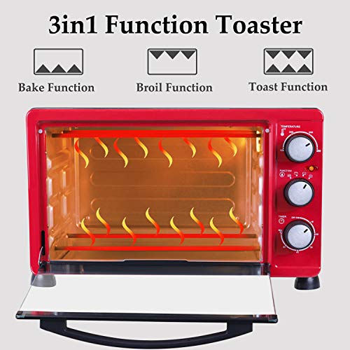 LUBY Convection Toaster Oven with Timer, Toast, Broil Settings, Includes Baking Pan, Rack and Crumb Tray, 6-Slice, Red