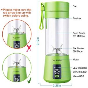 Supkitdin Portable Blender, Personal Mixer Fruit Rechargeable with USB, Mini Blender for Smoothie, Fruit Juice, Milk Shakes, 380ml, Six 3D Blades for Great Mixing (Green)
