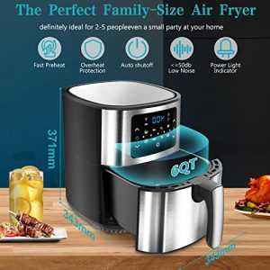 Moochain Air Fryer, 6 Qt BPA-Free AirFryers Oven Oilless Cooker with 7 Presets, Stainless Steel Air Fryers Digital LED Touchscreen with 72 Recipes, Nonstick Basket, Preheat and Shake Reminder (Silver)