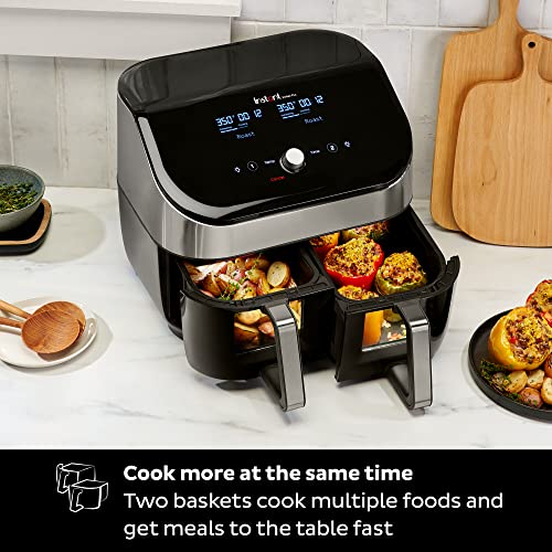 Instant Vortex Plus XL 8 Quart 8-in 1 Dual Basket Double Air Fryer with ClearCook™ Easy View Windows and SyncCook™ Technology, Air Fry, Roast, Broil, Bake, Reheat, Dehydrate, 1700W, Stainless Steel