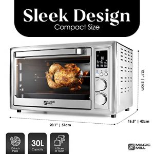 Magic Mill 13-in-1 Air Fryer Toaster Oven – 30L Capacity 1800w Smart Rotisserie Convection Oven and Dehydrator With 3 Style Trays – LED Display – Brushed Stainless Steel