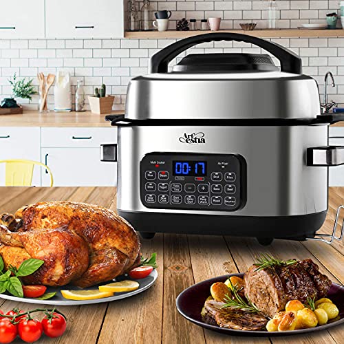 Artestia Slow Cooker and Air Fryer,12-in-1 Multi-Cooker 6.5QT Combo with Digital One Touch Duo Control System,multicooker and Smokeless Indoor Grill, Bake, Roast, Crisp, Dehydrate, Broil, Keep