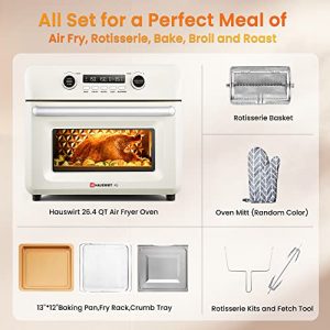 Air Fryer Toaster Oven, Hauswirt XL 26.5 QT Countertop Convection Oven Combo, 10-in-1 12-Slice Bake Broil Roast Rotisserie Dehydrator, 1200 Watts, Stainless Steel Cream White, Online Recipes Available
