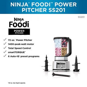Ninja SS201 Foodi Power Pitcher 4in1 Smoothie Bowl Maker Crushing Blender Dough Mixer Food Processor 1400WP smartTORQUE 6 Auto-iQ presets, with a Stainless Silver Finish (Renewed) (Ninja SS201)