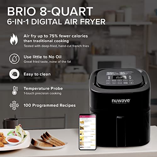 NUWAVE Brio 8QT 6-in-1 Digital Air Fryer with Integrated Digital Temperature Probe, 100 Touch & Go Menu Presets, Convenient Sear, Reheat & Warm Buttons & Adjustable Wattage Control
