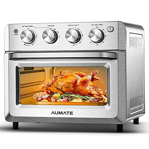 AUMATE Countertop Convection Oven, 7-in-1 Toaster Oven Air Fryer Combo, 19 QT Toaster Oven Countertop, Oilless Knob Control Pizza Oven with Timer, Fits 10" Pizza, 4 Accessories, 1550W, Stainless Steel