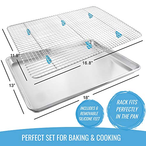 Baking Sheet with Wire Rack Set - Exclusive Silicone Feet Prevent Scratches - Bacon Rack for Oven - Aluminum Half Sheet Pans for Cooking with Stainless Steel Wire Baking Rack for Oven Cooking Rack