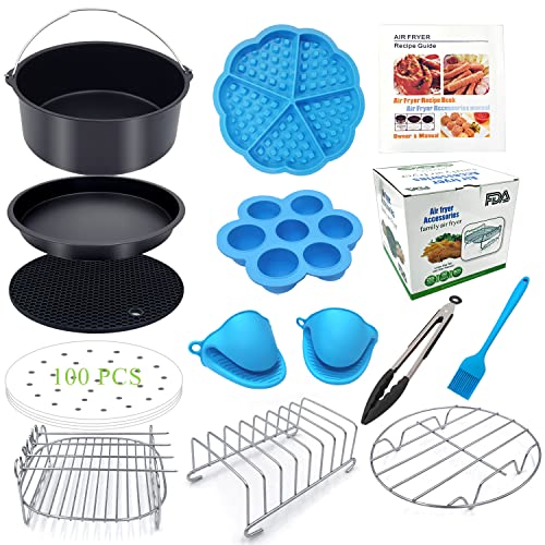 8 inch XL Air Fryer Accessories 12 pcs with Recipe Cookbook Compatible with Ninja Foodi 5&6.5&8qt (OP101,OP301,OP302,OP401,FD401) and Growise Cosori Ninja and Philips Fit all 5.3QT - 5.8QT
