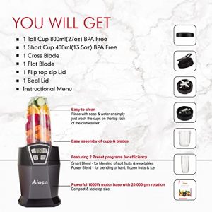 Smoothie maker,Smoothie Blenders,1000 watt with Two Blade and Two Cup(27oz&13.5oz),Frozen Blending for Juice,blender for shakes and smoothies,Sauces,Aiosa Blender