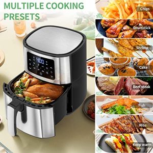 Moochain Stainless Steel Air Fryer 6 Quart, Large Oven Oilless Cooker with Digital Touch Screen, Nonstick Air Fryer Basket, Multiple Cooking Presets, Dishwasher Safe, Cookingbook of Chef Curated Recipes
