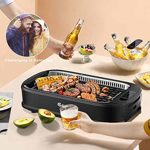 COSTWAY Indoor Smokeless Electric Grill, BBQ Grill 1500W with Dishwasher Nonstick Plate, Removable Oil Collection Tray, Smoker Extractor Fan, 248℉ to 446℉ Temperature Control Grill, FDA Certification