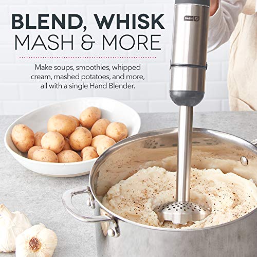 Dash Chef Series Deluxe Immersion Hand Blender, 5 Speed Stick Blender with Stainless Steel Blades, Dough Hooks, Food Processor, Grate, Mash, Slice, Whisk Attachments and Recipe Guide – Cool Grey