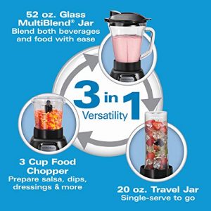 Hamilton Beach Multiblend 3-Speed Blender & Food Chopper with 3 Programs, 950W, 52oz Glass Jar, 3 Cup Vegetable Dicer & Portable Blend-In Travel Jar For Shakes & Smoothies, Black (58242)