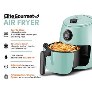 Elite Gourmet EAF-0201BL Personal 2.1 Qt. Compact Space Saving Electric Hot Air Fryer Oil-Less Healthy Cooker, Timer & Temperature Controls, PFOA/PTFE Free, 1000W, Quart, Mint