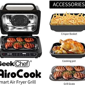Geek Chef Smart Indoor XL Air Fryer Grill Combo,40 Recipes & 7-in-1 Cooking Functions, Smokeless & Oilless Cooker, Digital Electric Countertop Grill, Air Fryer, Roast, Bake, Pizza, Broil, Grill & Dehydrate, with Extra Large Capacity, Temp & Time Control, Removable Non-stick Plates, ETL Certified, 1700W, Black