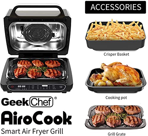Geek Chef Smart Indoor XL Air Fryer Grill Combo,40 Recipes & 7-in-1 Cooking Functions, Smokeless & Oilless Cooker, Digital Electric Countertop Grill, Air Fryer, Roast, Bake, Pizza, Broil, Grill & Dehydrate, with Extra Large Capacity, Temp & Time Control, Removable Non-stick Plates, ETL Certified, 1700W, Black