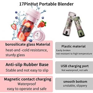 17PinHut Portable Blender, Personal Blender, With USB Magnetic contact charging, 14 oz Smoothie Blender, Made with high borosilicate glass Material Portable Juicer, Anti-silp Rubber Base, One-handed Drinking Mini Blender for Shakes and Smoothies