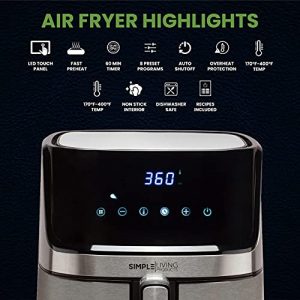 Simple Living 5.8Qt LED Touch Screen Air Fryer, 8 Presets, Preheat, 2 Hour Keep Warm and Memory Control Function, Airfryer Recipe Cookbook, Stainless Steel Fingerprint Resistant Finish