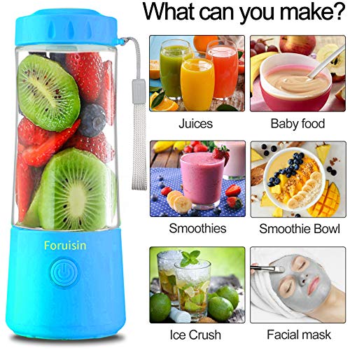 Portable Blender, Foruisin Personal Blender, 14 OZ Mini Size Juicer Cup, Small Blender for Shakes and Smoothies, USB Rechargeable with Six Blades, Blue