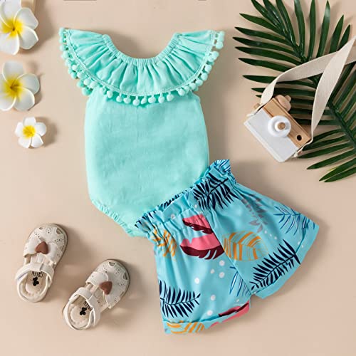 Baby Girl Summer Outfits Set Solid Color Knitted Ruffle Sleeve Top Drawstring Bloomers Shorts 2Piece