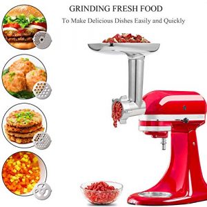 Meat Grinder Attachment for KitchenAid Stand Mixers, Accessories Included 2 Sausage Stuffer Tubes, Durable Metal Food Grinder Attachments by Kitchood, Silver