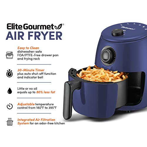 Elite Gourmet EAF-0201BG Personal 2.1 Qt. Compact Space Saving Electric Hot Air Fryer Oil-Less Healthy Cooker, Timer & Temperature Controls, PFOA/PTFE Free, 1000W, Quart, Blue Gray