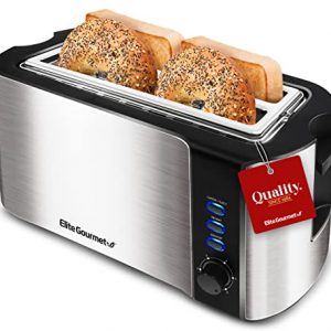 Elite Gourmet by Maxi-Matic ECT-3100 Long Slot Toaster, Reheat, 6 Toast Settings, Defrost, Cancel Functions, Slide Out Crumb Tray, Extra Wide Slots for Bagels Waffles, 4 Slice, Stainless Steel & Black