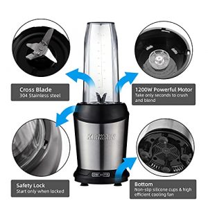 Smoothie Blender, KIRKRIN Personal Blender for Shakes and Smoothies Heavy Duty, 1200W Milkshake Maker with Tritan BPA Free 24 and 34 oz To Go Cups and Coffee Grinder (with 3 Regular Lids and 2 Spout Lids)