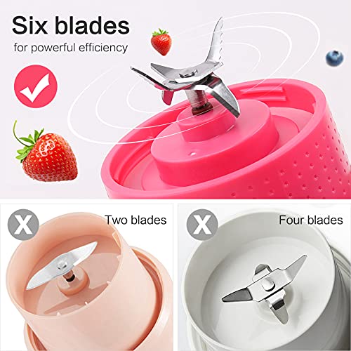 ZHIHER Portable Mini Smoothies Shakes Blender: Personal Size Single Serve Travel Fruit Juicer Mixer Cup with Wireless Rechargeable USB Small Electric Individual Blender for Juice Milk - Pink