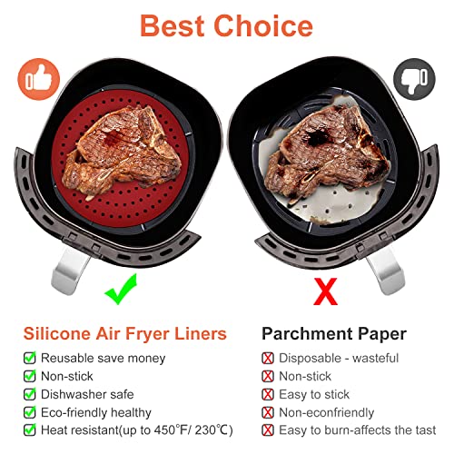 Air Fryer Accessories,Reusable Air fryer Silicone Liners 2 Pack with Air Fryer Magnetic Cheat Sheet 3 Pack, Non Stick, Air Fryer Accessory Parchment Paper Replacement (8 Inch/Round, Black/Red)