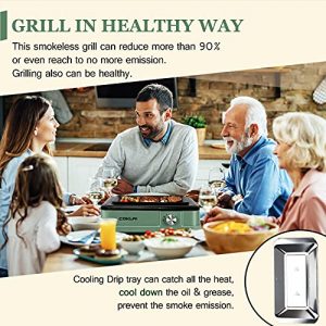 Indoor Grill Electric Grill, COKLAI Smokeless BBQ Grill, Infrared Grill with Removable Nonstick Grill Surface, Dishwasher-Safe Drip Tray, Constant Grilling Temperature 1660W, Green