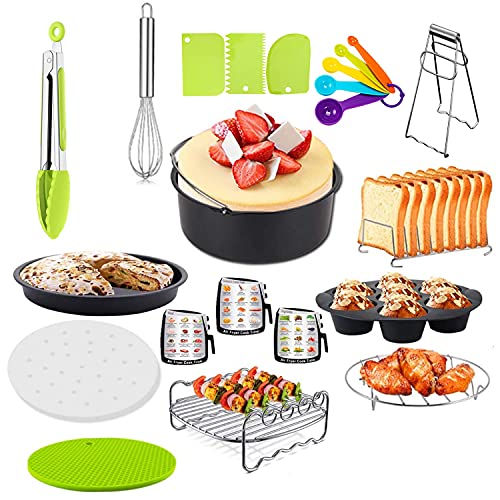 Air Fryer Accessories for Ninja Gowise Cosori Phillips Cozyna, Deep Fryer Accessory with 7 inch Cake Barrel,Pizza Pan,Recipes Cookbook,Skewers Rack,Bread rack,and more-Green