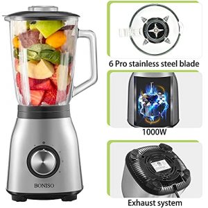 BONISO Countertop Blender High Speed Countertop Kitchen Food Mixer for Blend, Chop, Grind with1.5L/50oz Glass Jar, for Puree, Ice Frozen Fruit Crushing, Nuts Butter, Shakes and Smoothies