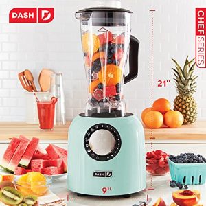 Dash Chef Series Deluxe 64 oz Blender with Stainless Steel Blades, Digital Display + USB Charging for Coffee Drinks, Fondue, Frozen Cocktails, Nut Butter, Soup, Smoothies & More, 1400-Watt – Aqua