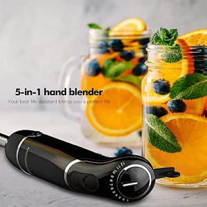 MegaWise Hand Blender Black 800W 5-in-1 immersion Blender12 Speeds and Turbo Mode, Titanium Steel Blades, Handle, with Whisk, Chopper/Grinder Bowl and Beaker/Measuring Cup
