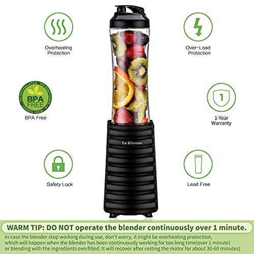 La Reveuse Smoothies Blender 300 Watt with 18 oz BPA Free Portable Travel Sports Bottle (Black)