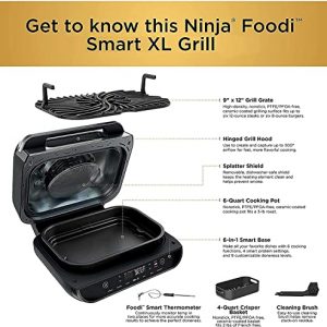 Ninja FG551 H Foodi Smart XL 6-in-1 Indoor Grill (BLACK COLOR) with 4-Quart Air Fryer Roast Bake Dehydrate Broil and Leave-In Thermometer, with Extra Large Capacity, and a Stainless Steel Finish (Renewed)