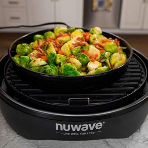 NUWAVE Primo Infra-Red Grill Oven, Conduction, Convection & Infra-Red, Cook from Frozen without Defrosting or Preheating, Fully Integrated Top Convection Heat with Powerful Fan & Bottom Direct Heat Non-Stick Grill for Surround Cooking, No More Flipping, Adjustable Top & Bottom Combo from 0%-100%, Control Temperatures from 100°-425°F in 5% Increments, Integrated Smart Thermometer for Perfect Results, 100 Pre-Programmed Presets & 100 Memory Slots, Durable & Shatterproof Power Dome Included