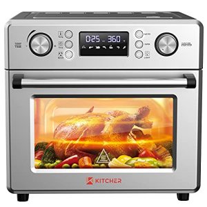 Kitcher 26.5QT Air Fryer Oven, Countertop Toaster Oven 6 Slice Convection Ovens with 77 Recipes 5 Accessories 14 Presets for Bake, Air Fry, Roast,Toast, Pizza, Dehydrate, Stainless Steel Silver