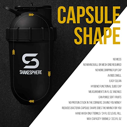 ShakeSphere Tumbler VIEW: Protein Shaker Bottle with Side Window, 24oz ● Capsule Shape Mixing ● Easy Clean Up ● No Blending Ball Needed ● BPA Free ● Mix & Drink Shakes, Smoothies, More (Gun Metal)