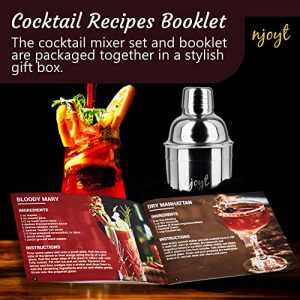 Njoyt Cocktail Shaker Set with Bamboo Stand and Recipe Book - Mixology Bartender Kit Drink Mixer Set with Martini Shaker, Double Jigger, Stainless Steel Strainer, Spoon, Tongs and Bottle Opener