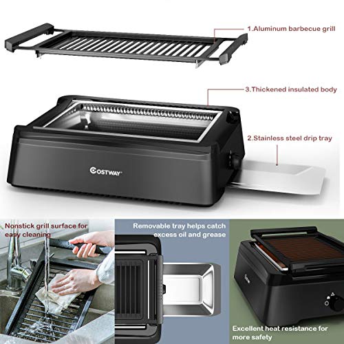 COSTWAY Smokeless Grill, Compact & Portable Indoor Electric BBQ Grill w/ Advanced Infrared Technology, Constant Temperature Barbecue Grill, Non-stick Surface & Removable Drip Tray for Easy Cleaning, Black (19"L×15"W×6.7"H)