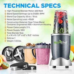Personal Electric Single Serve Blender - 600W Professional Kitchen Countertop Mini Blender for Shakes and Smoothies w/ Pulse Blend, Convenient Lid Cover, Portable 10 & 20 Oz Cups - NutriChef NCBL60